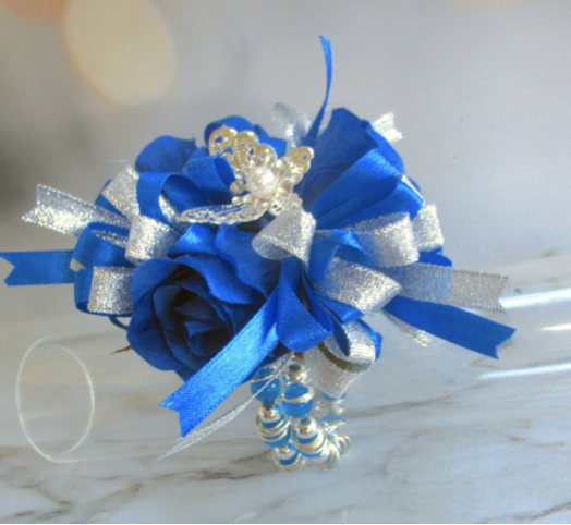 Royal Blue Rose Prom Wrist Corsage, prom corsage, blue & silver prom corsage